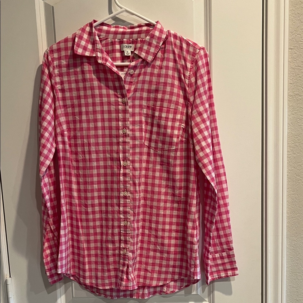 J Crew Women’s Pink and White Checkered Button Down Shirt